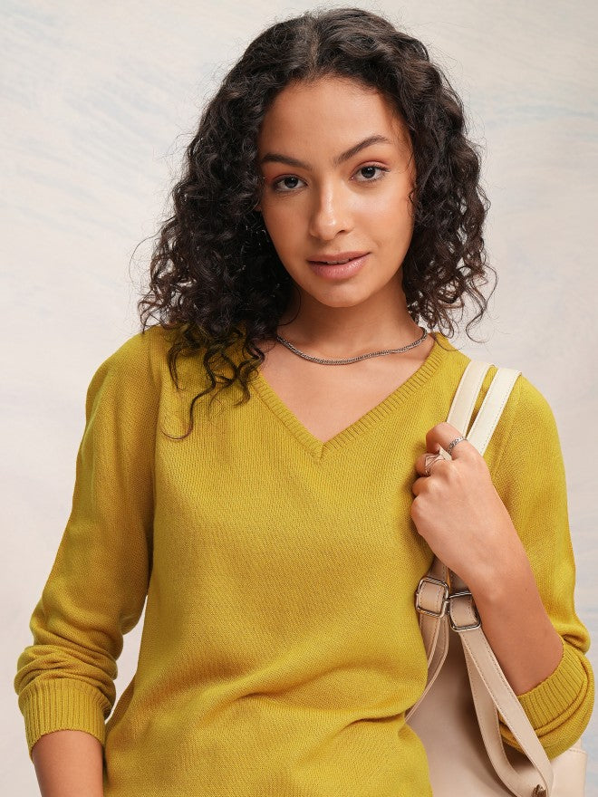 Tokyo Talkies Women Mustard V-Neck Sweater - Mustard - Image 1