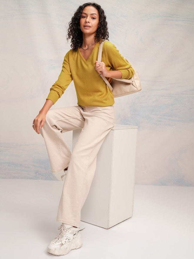 Tokyo Talkies Women Mustard V-Neck Sweater - Mustard - Image 2