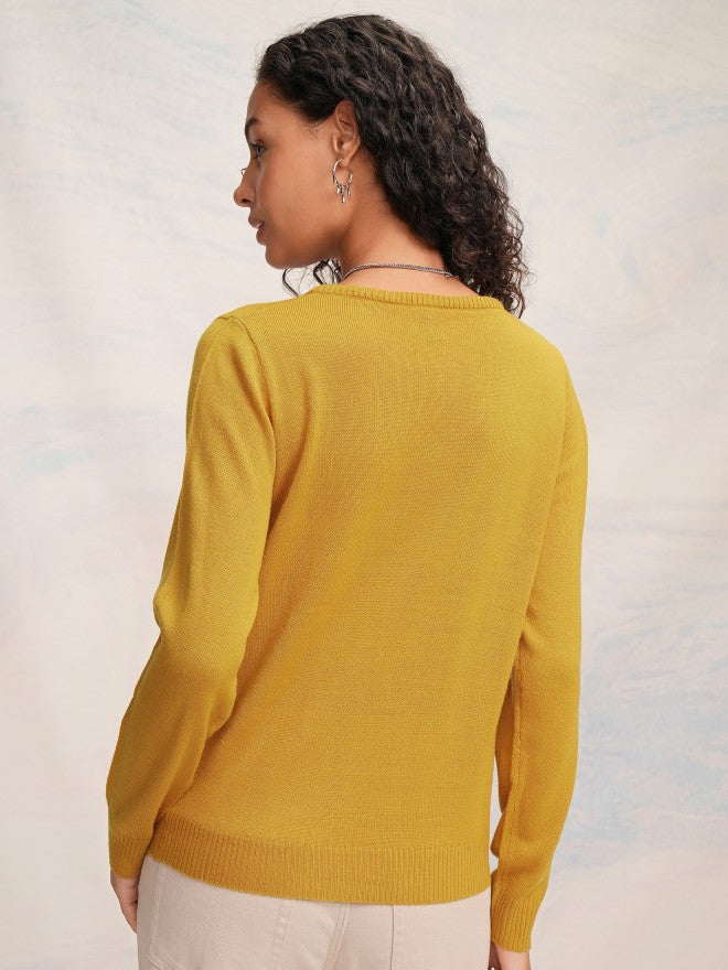 Tokyo Talkies Women Mustard V-Neck Sweater - Mustard - Image 3