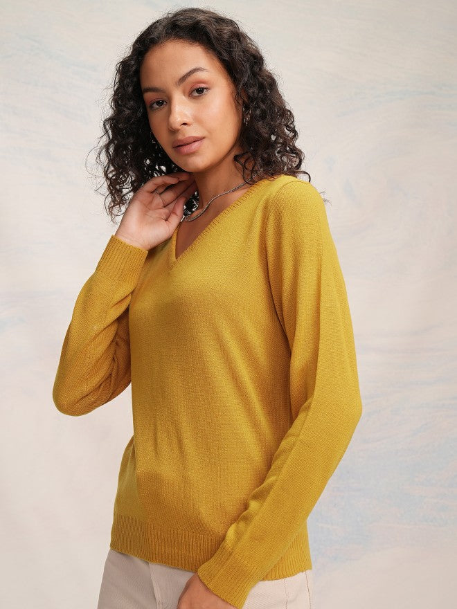 Tokyo Talkies Women Mustard V-Neck Sweater - Mustard - Image 4
