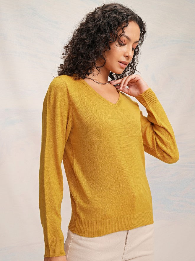 Tokyo Talkies Women Mustard V-Neck Sweater - Mustard - Image 6
