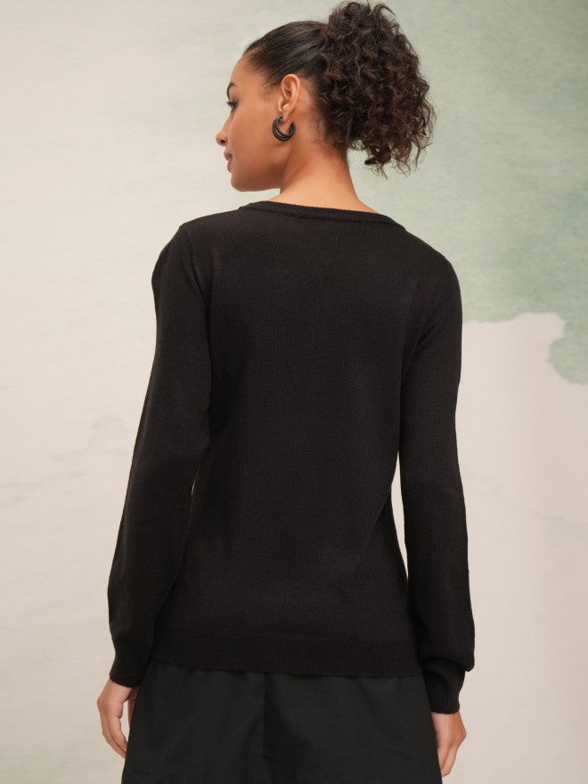 Tokyo Talkies Women Black Round Neck Sweater - Black - Image 3