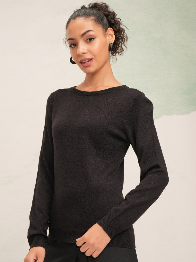 Tokyo Talkies Women Black Round Neck Sweater - Black - Image 4