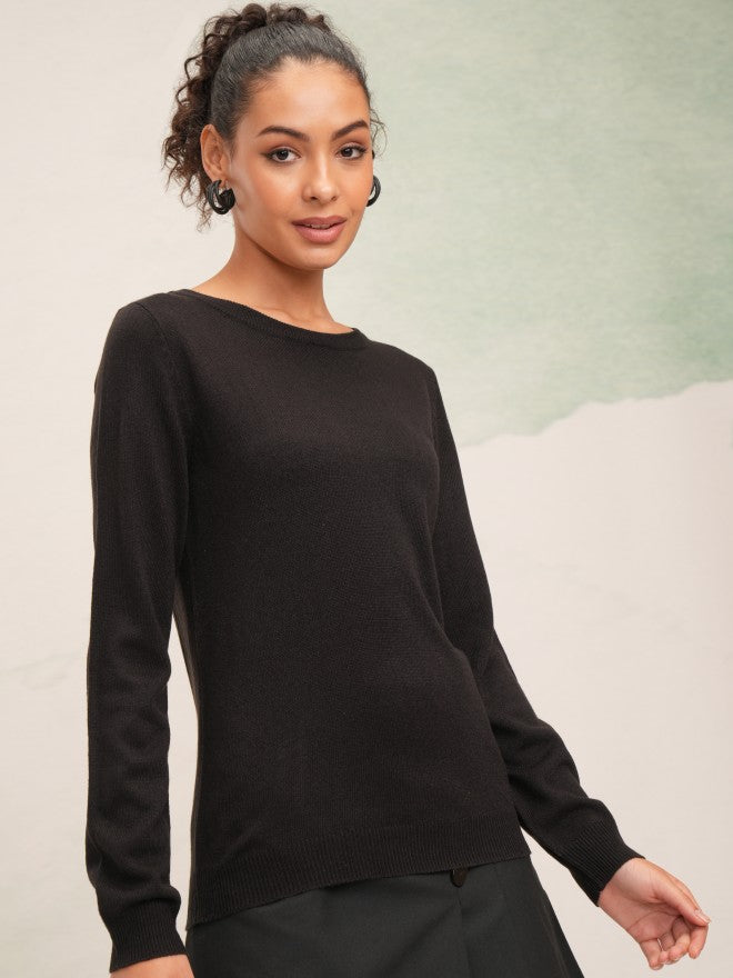 Tokyo Talkies Women Black Round Neck Sweater - Black - Image 6