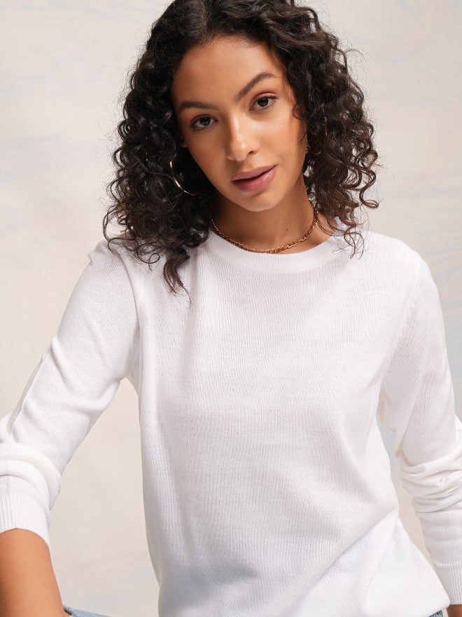 Tokyo Talkies Women White Round Neck Sweater - White - Image 1