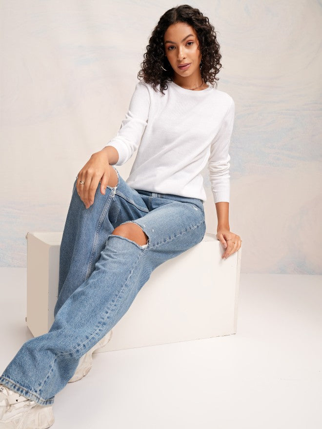 Tokyo Talkies Women White Round Neck Sweater - White - Image 2