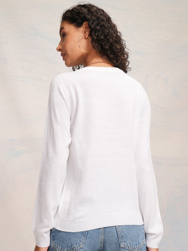 Tokyo Talkies Women White Round Neck Sweater - White - Image 3