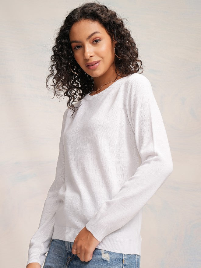 Tokyo Talkies Women White Round Neck Sweater - White - Image 4