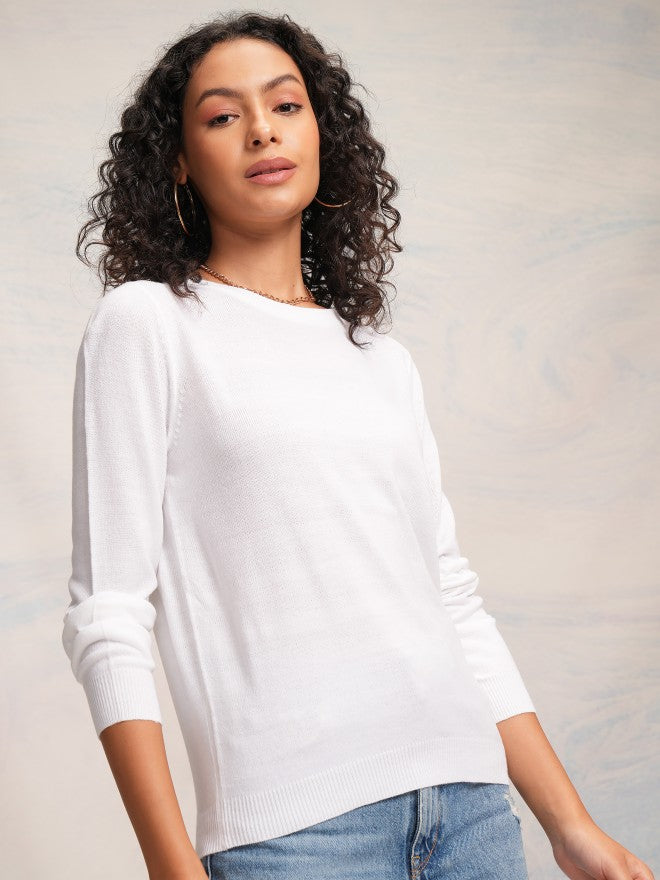 Tokyo Talkies Women White Round Neck Sweater - White - Image 6