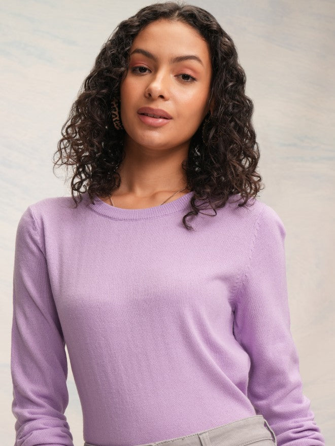 Tokyo Talkies Women Lavender Round Neck Sweater - Lavender - Image 1