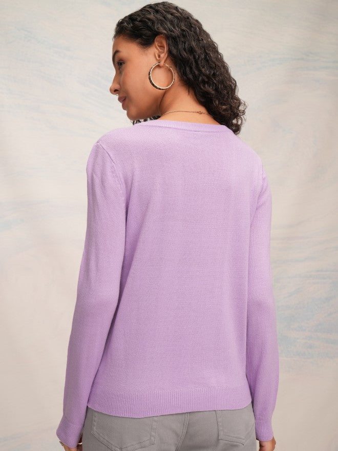 Tokyo Talkies Women Lavender Round Neck Sweater - Lavender - Image 3
