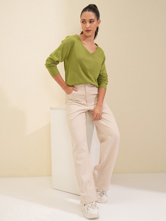 Tokyo Talkies Women Olive V-Neck Sweater - Olive - Image 2