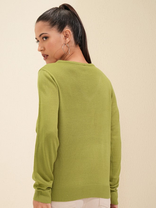 Tokyo Talkies Women Olive V-Neck Sweater - Olive - Image 3