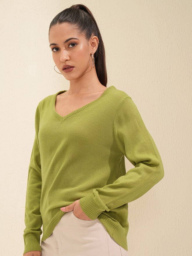 Tokyo Talkies Women Olive V-Neck Sweater - Olive - Image 4