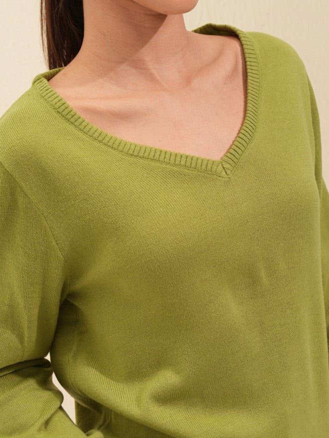 Tokyo Talkies Women Olive V-Neck Sweater - Olive - Image 5