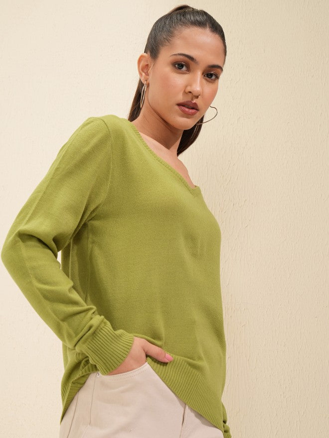 Tokyo Talkies Women Olive V-Neck Sweater - Olive - Image 6