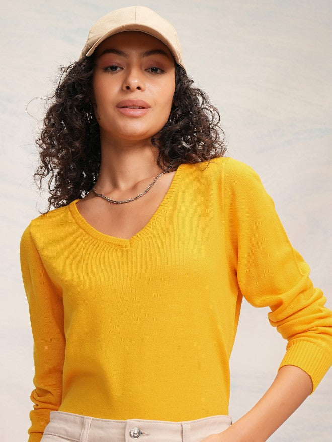 Tokyo Talkies Women Mustard V-Neck Sweater - Mustard - Image 1