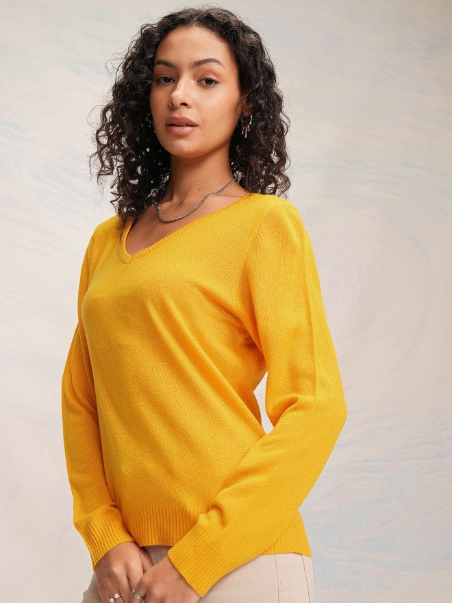 Tokyo Talkies Women Mustard V-Neck Sweater - Mustard - Image 4