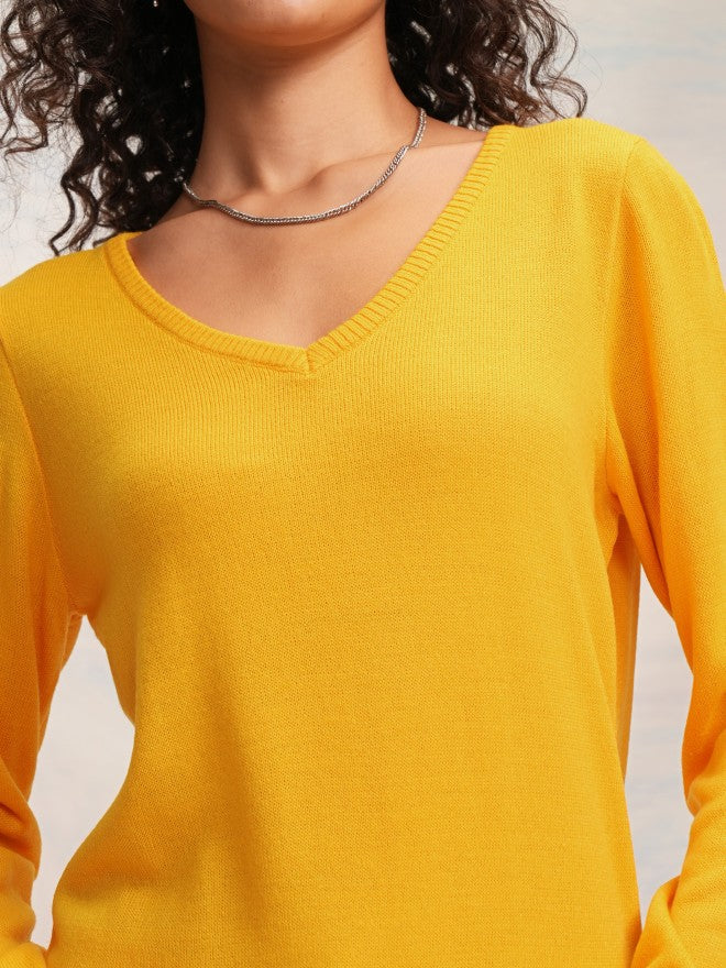 Tokyo Talkies Women Mustard V-Neck Sweater - Mustard - Image 5