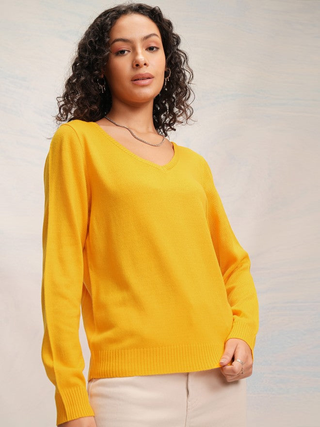 Tokyo Talkies Women Mustard V-Neck Sweater - Mustard - Image 6
