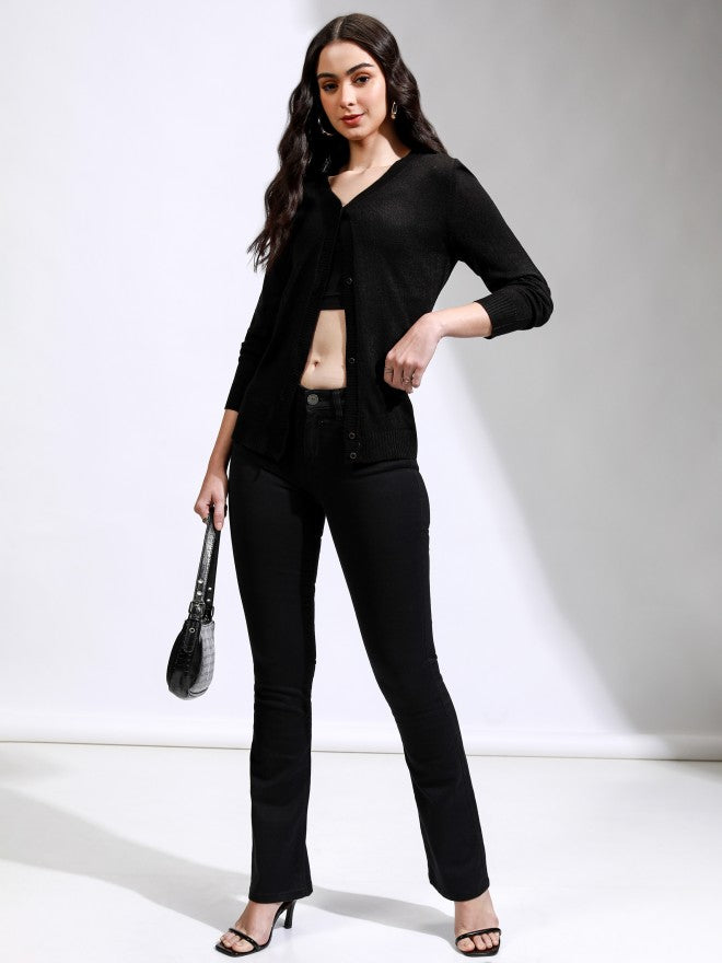 Tokyo Talkies Women Black V-Neck Sweater - Black - Image 2
