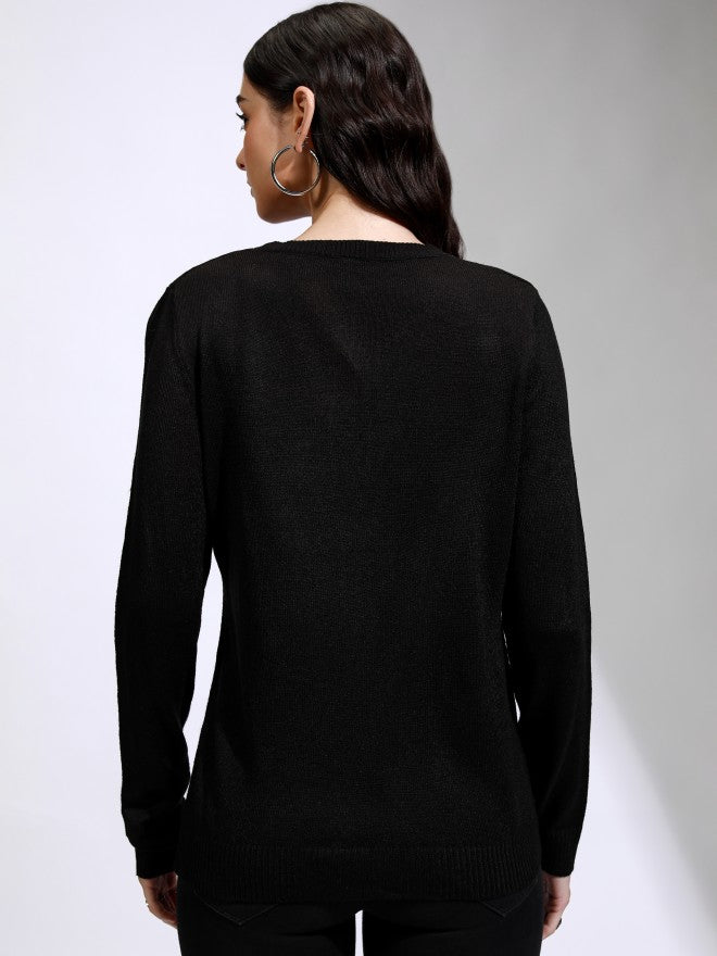 Tokyo Talkies Women Black V-Neck Sweater - Black - Image 3