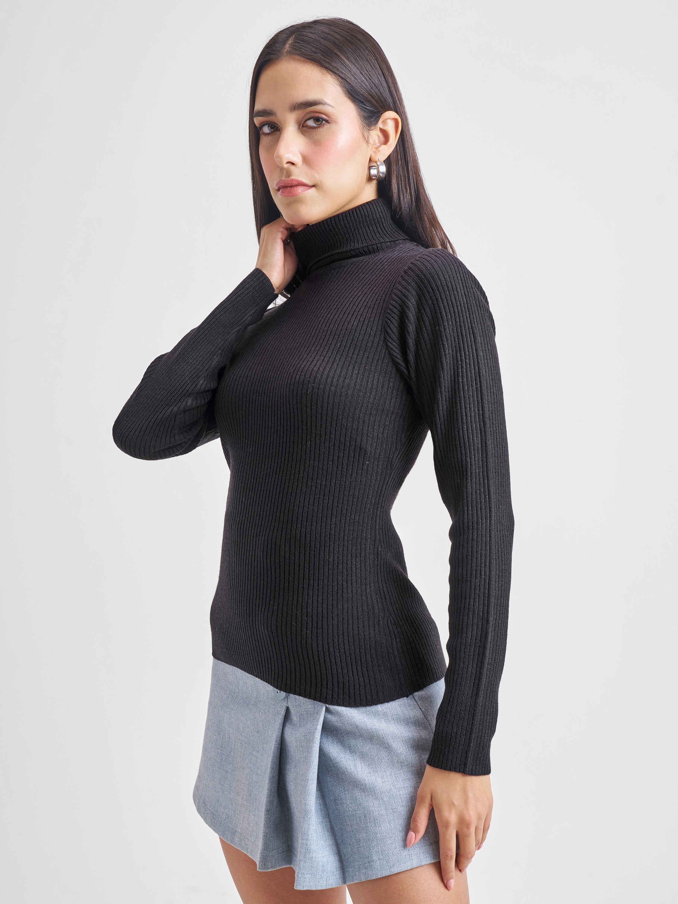 Tokyo Talkies Women Black Turtle Neck Sweater - Black - Image 4