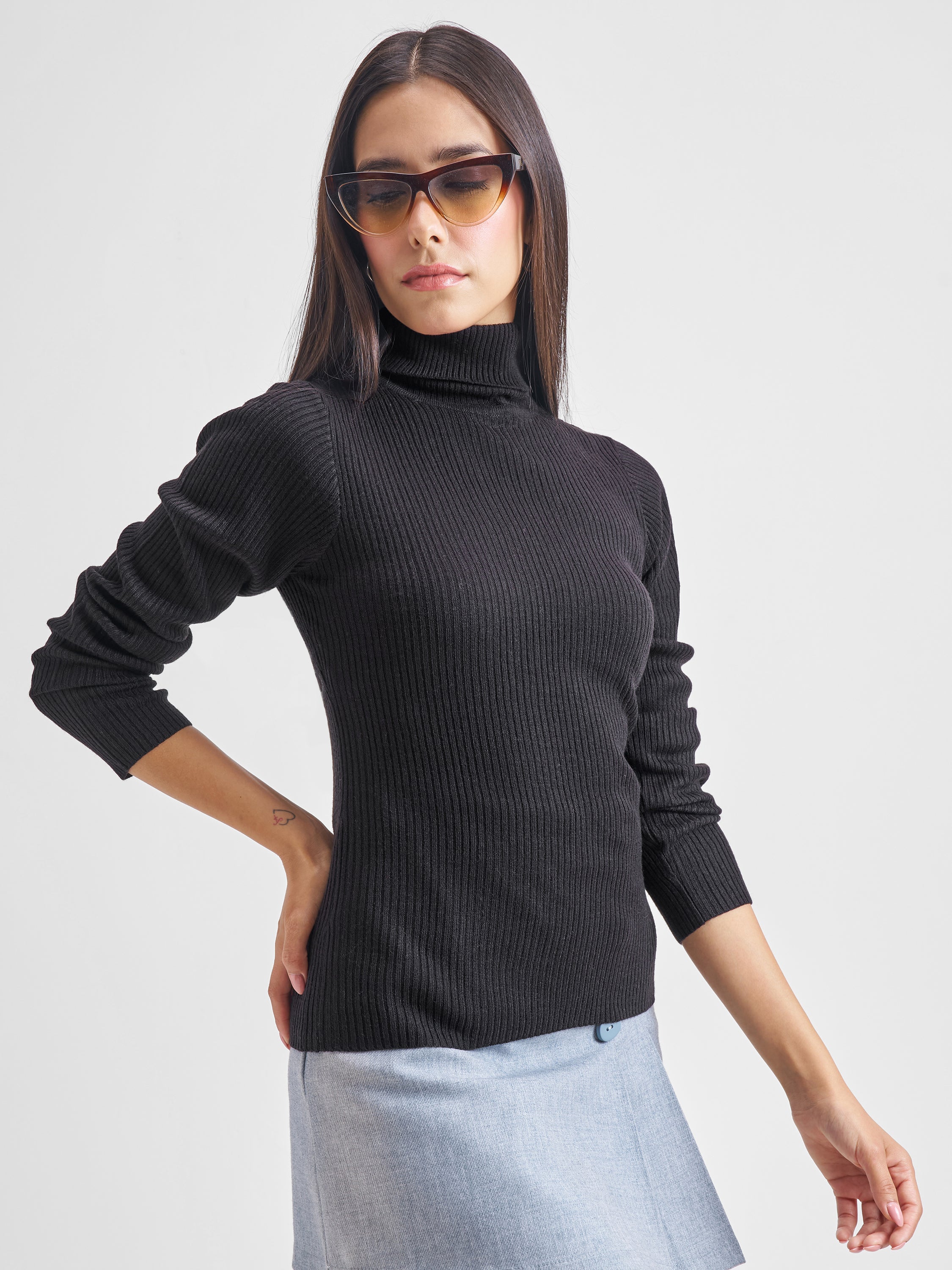 Tokyo Talkies Women Black Turtle Neck Sweater - Black - Image 6