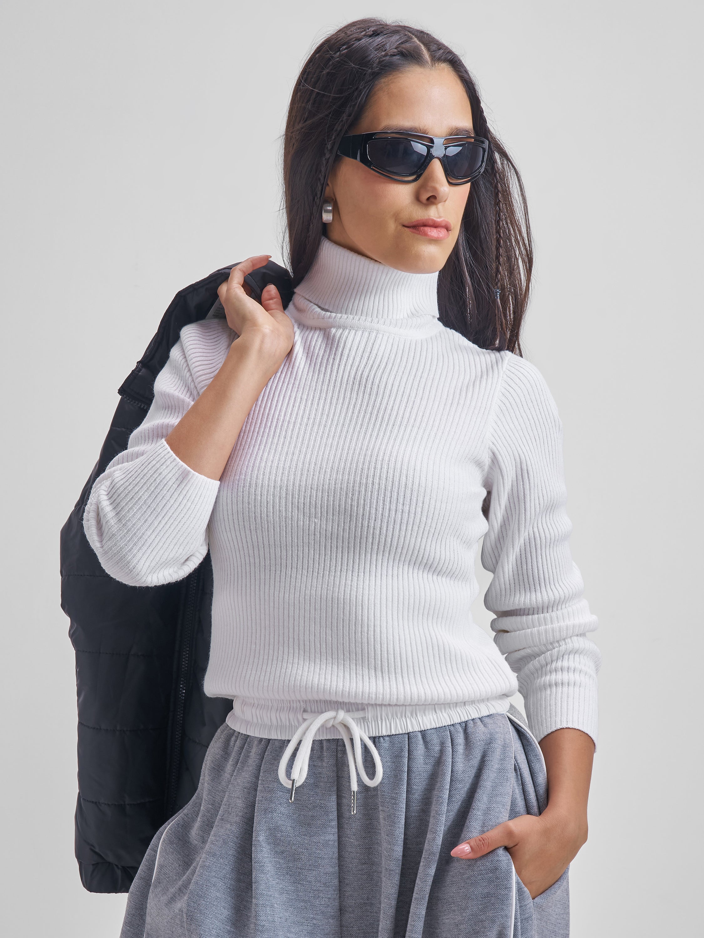 Tokyo Talkies Women White Turtle Neck Sweater - White - Image 1