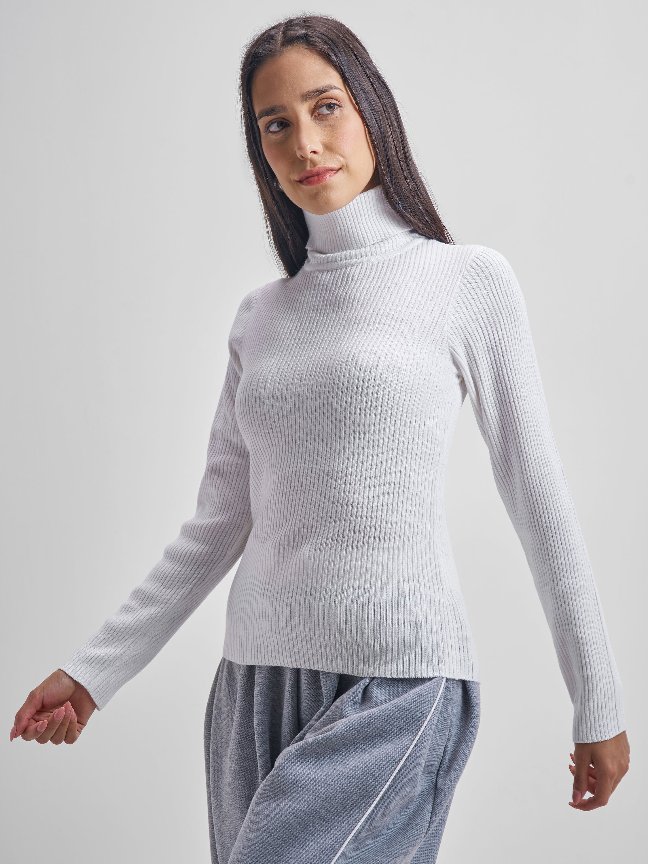 Tokyo Talkies Women White Turtle Neck Sweater - White - Image 4