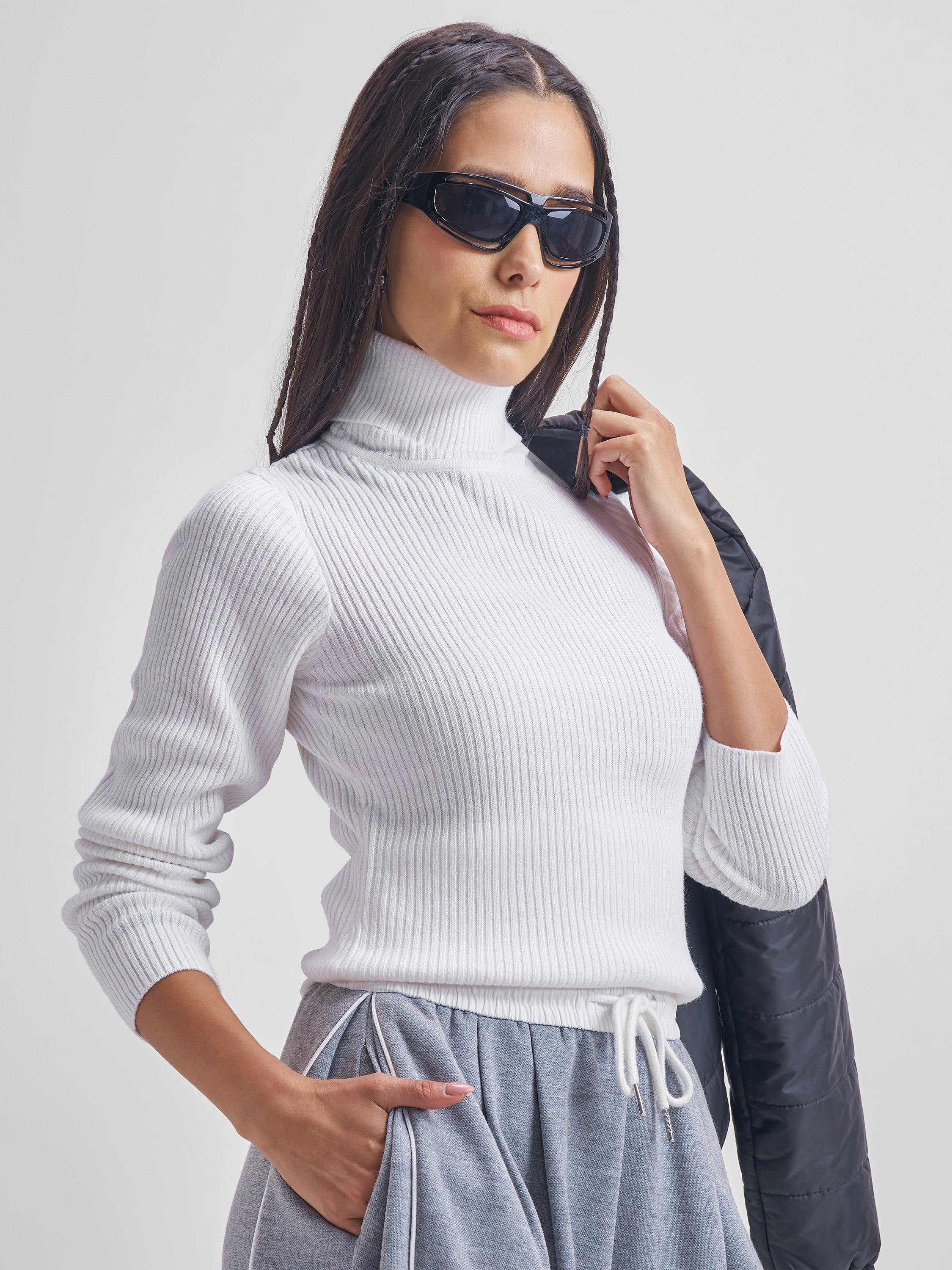 Tokyo Talkies Women White Turtle Neck Sweater - White - Image 6