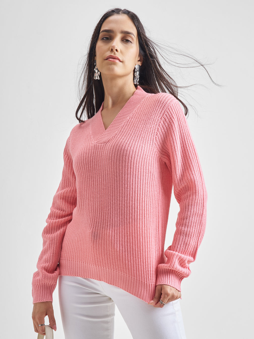 Tokyo Talkies Women Pink V-Neck Sweater - Pink - Image 1