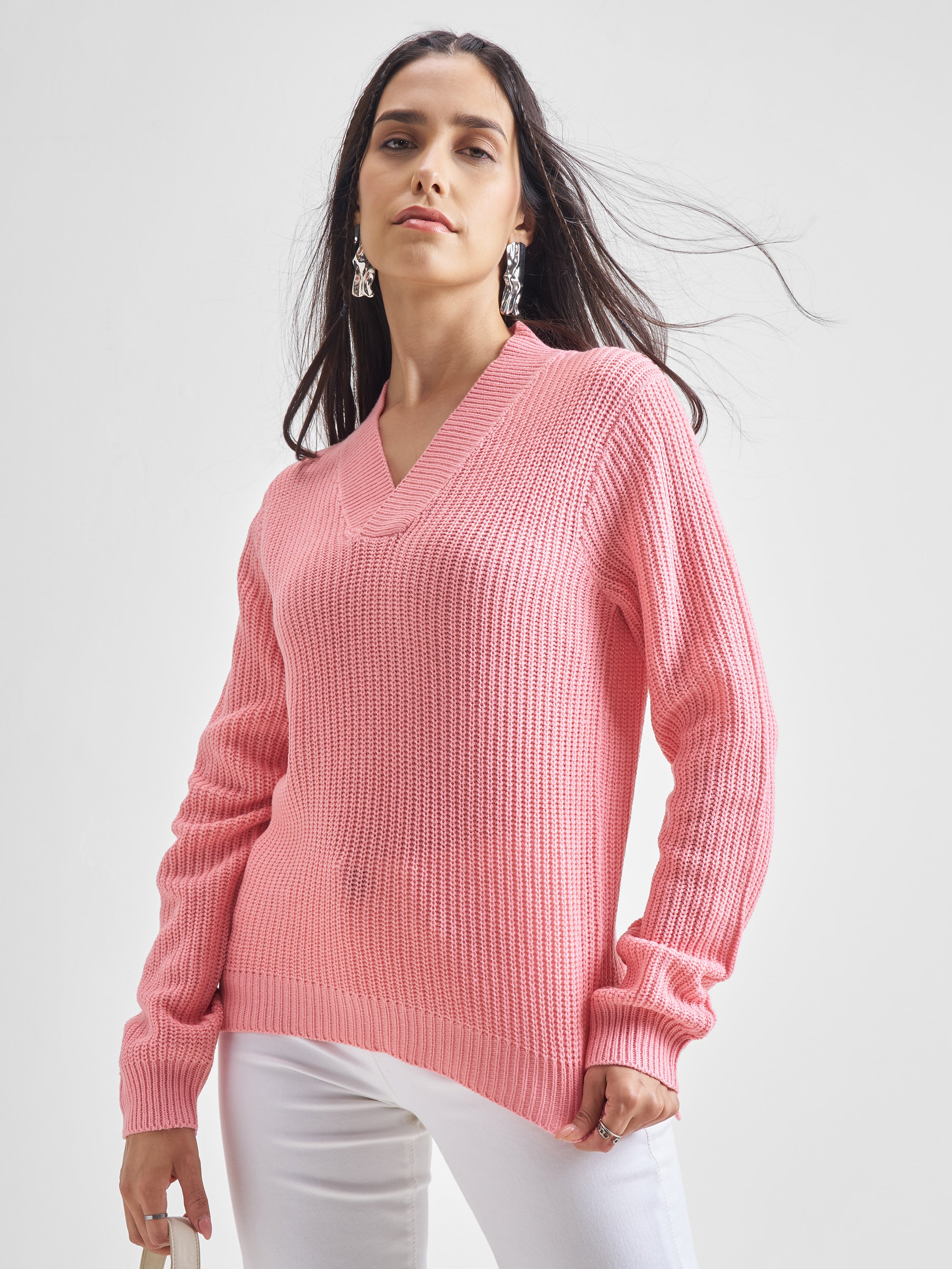 Tokyo Talkies Women Pink V-Neck Sweater - Pink - Image 1