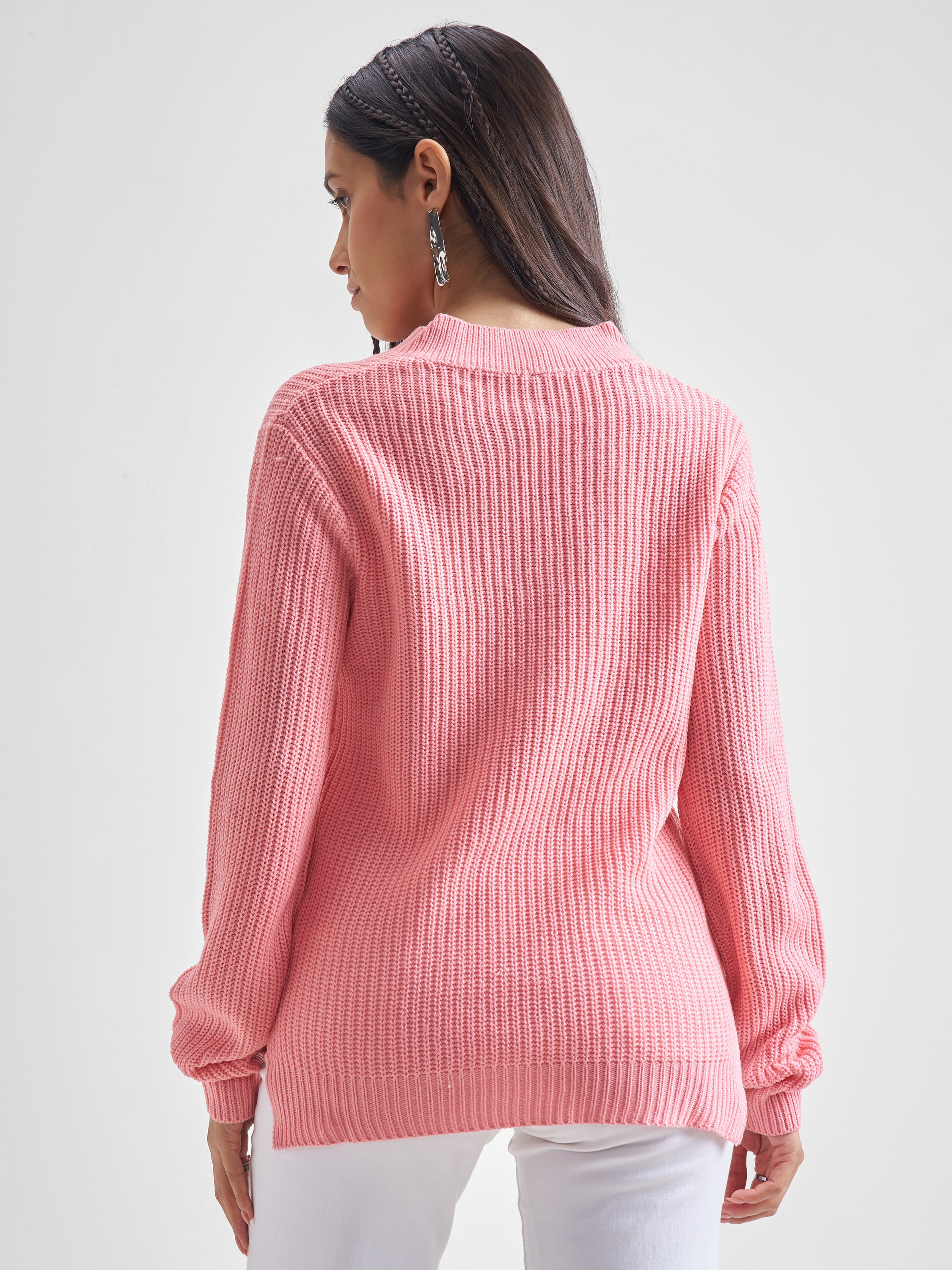 Tokyo Talkies Women Pink V-Neck Sweater - Pink - Image 3