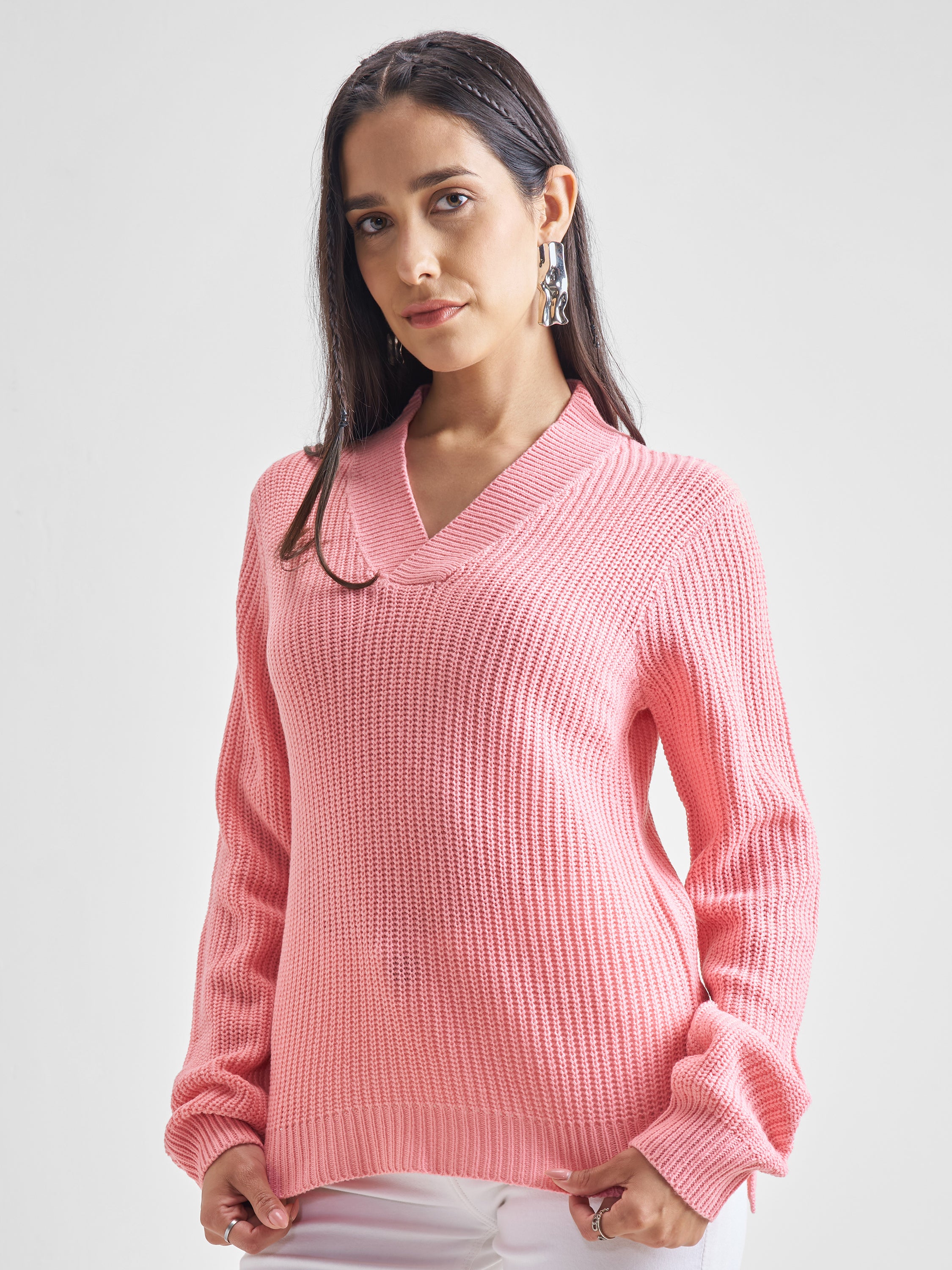 Tokyo Talkies Women Pink V-Neck Sweater - Pink - Image 4