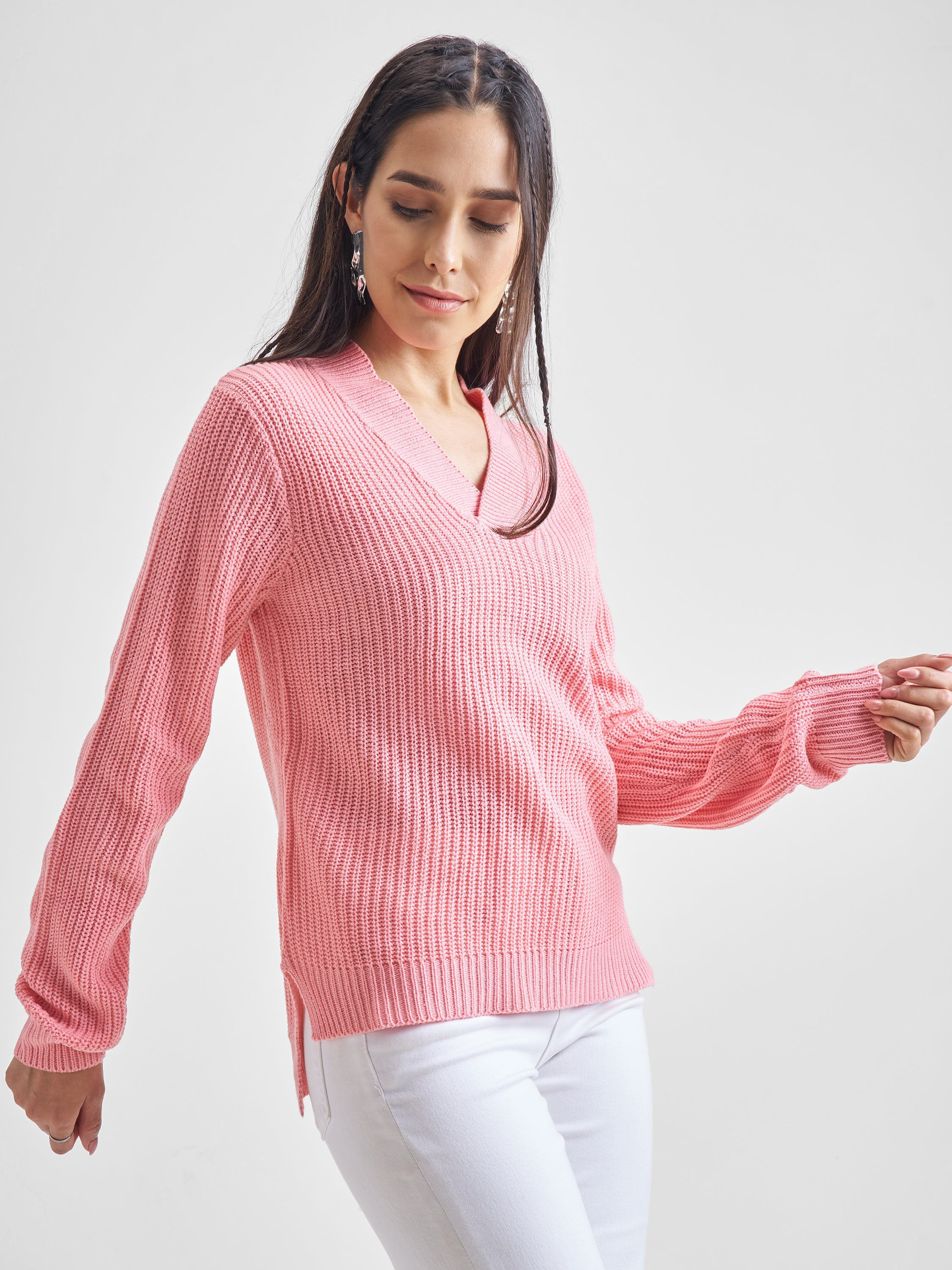 Tokyo Talkies Women Pink V-Neck Sweater - Pink - Image 6