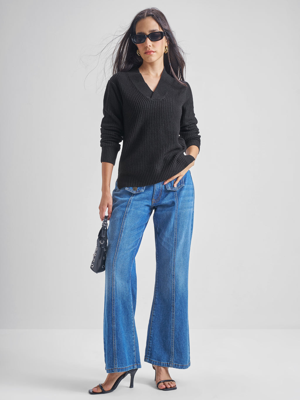 Tokyo Talkies Women Black V-Neck Sweater - Black - Image 2