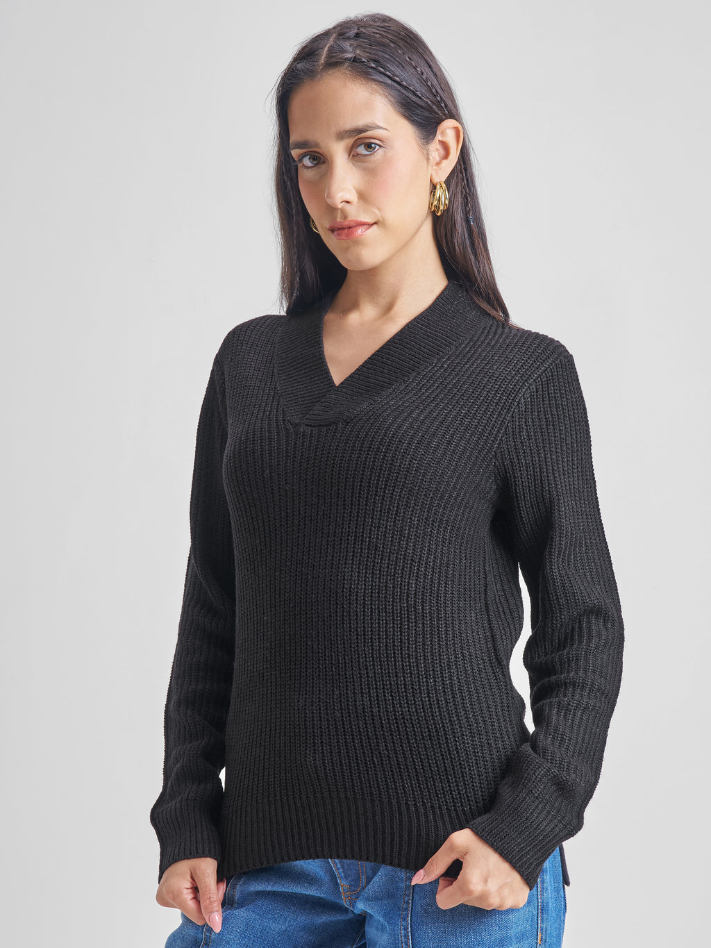 Tokyo Talkies Women Black V-Neck Sweater - Black - Image 4