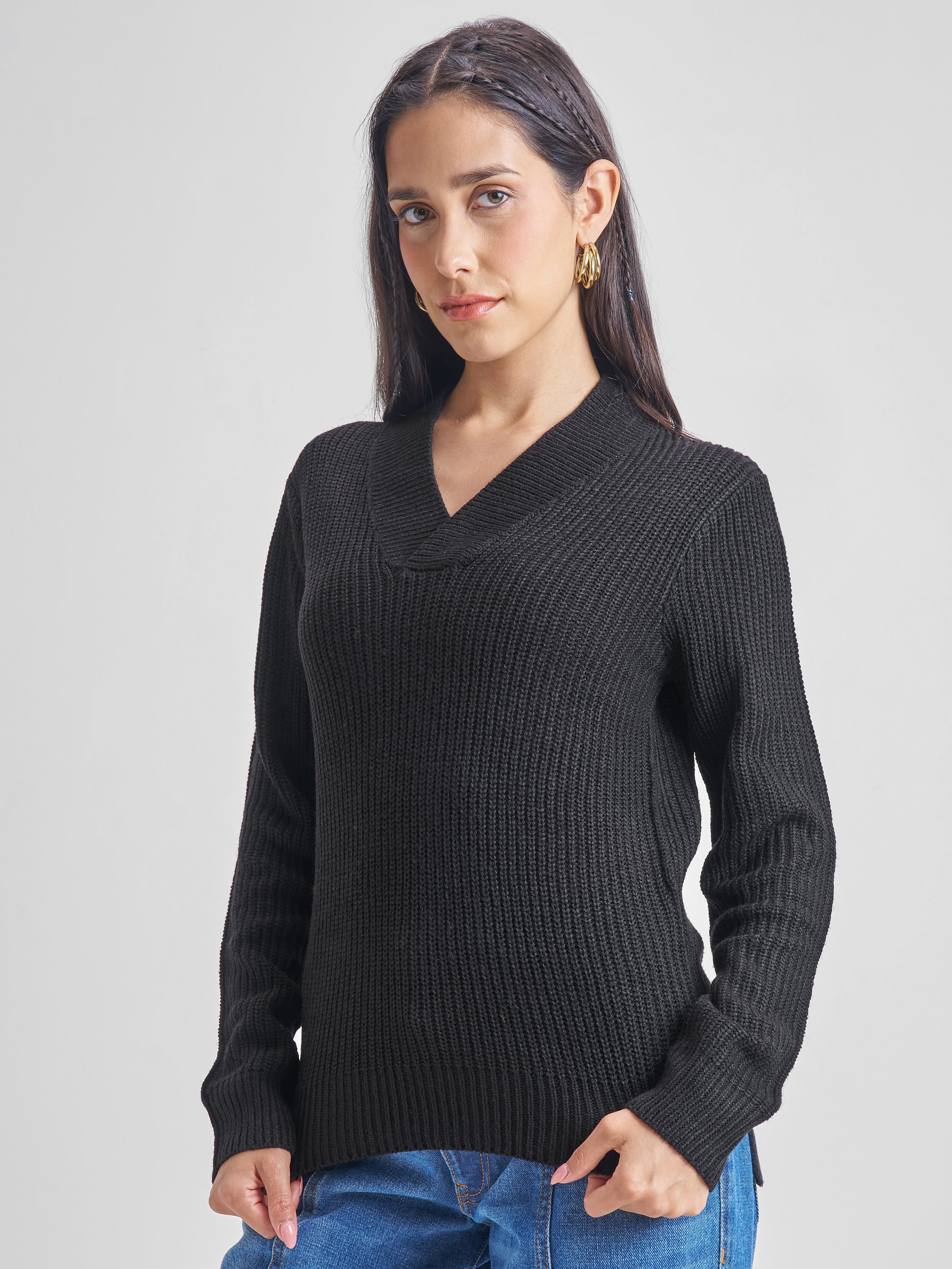 Tokyo Talkies Women Black V-Neck Sweater - Black - Image 4