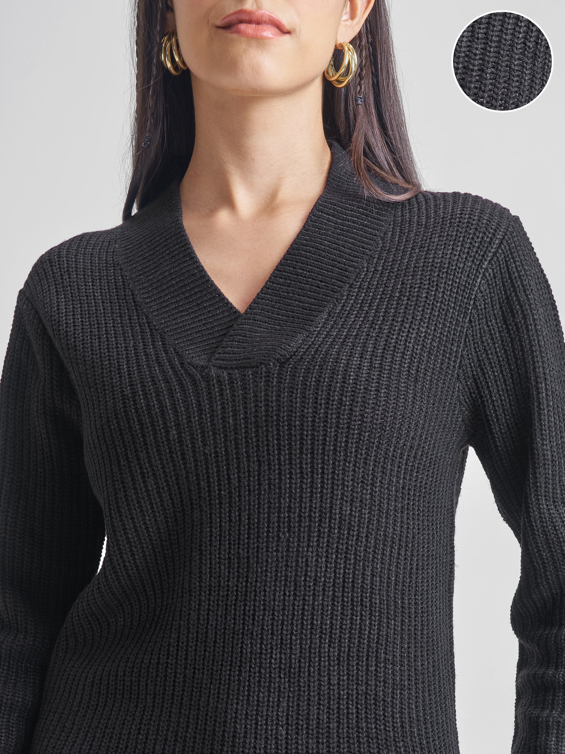 Tokyo Talkies Women Black V-Neck Sweater - Black - Image 5
