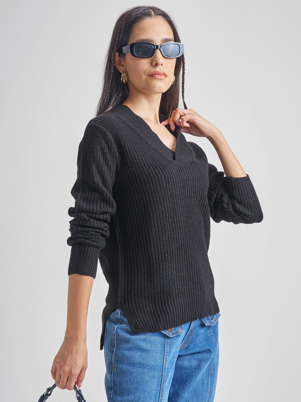 Tokyo Talkies Women Black V-Neck Sweater - Black - Image 6