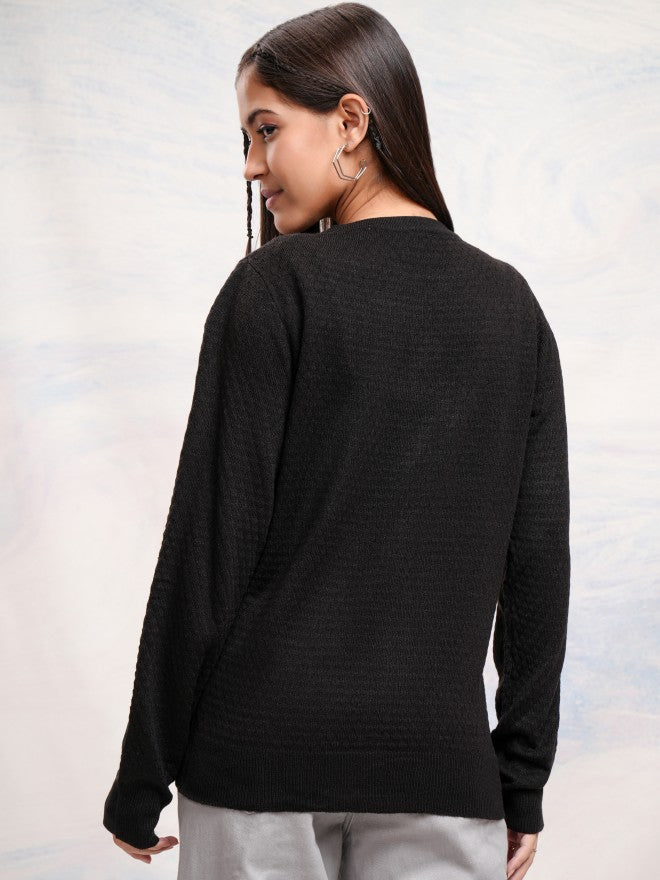 Tokyo Talkies Women Black Round Neck Sweater - Black - Image 3
