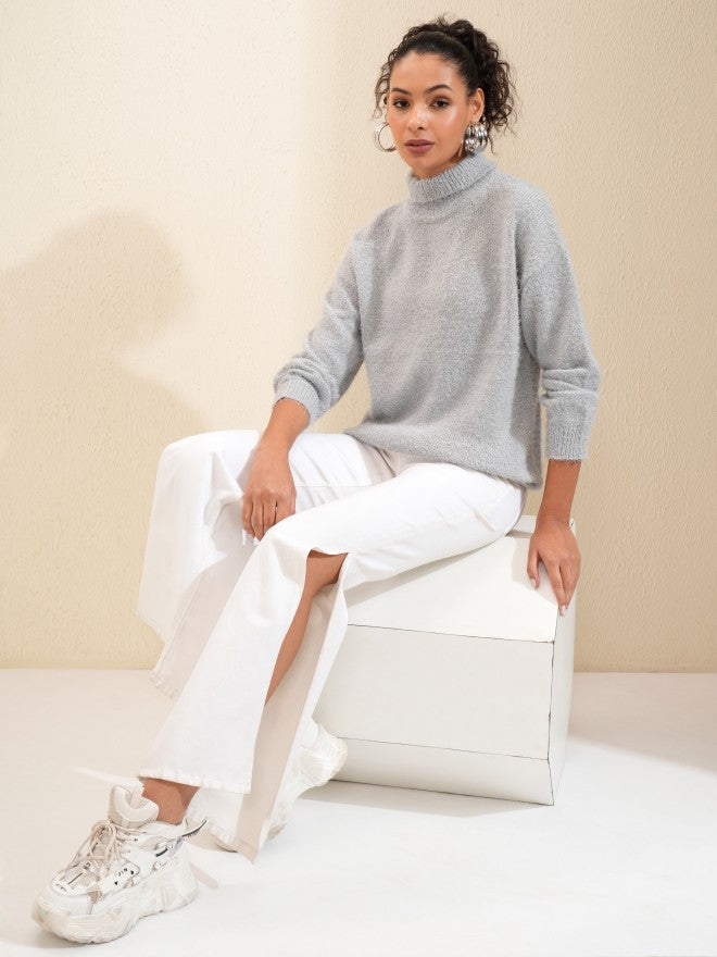 Tokyo Talkies Women Grey Turtle Neck Sweater - Grey - Image 2