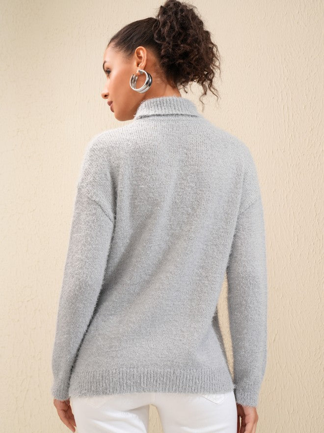 Tokyo Talkies Women Grey Turtle Neck Sweater - Grey - Image 3
