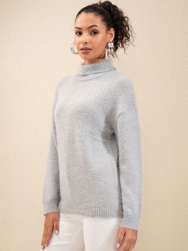 Tokyo Talkies Women Grey Turtle Neck Sweater - Grey - Image 4