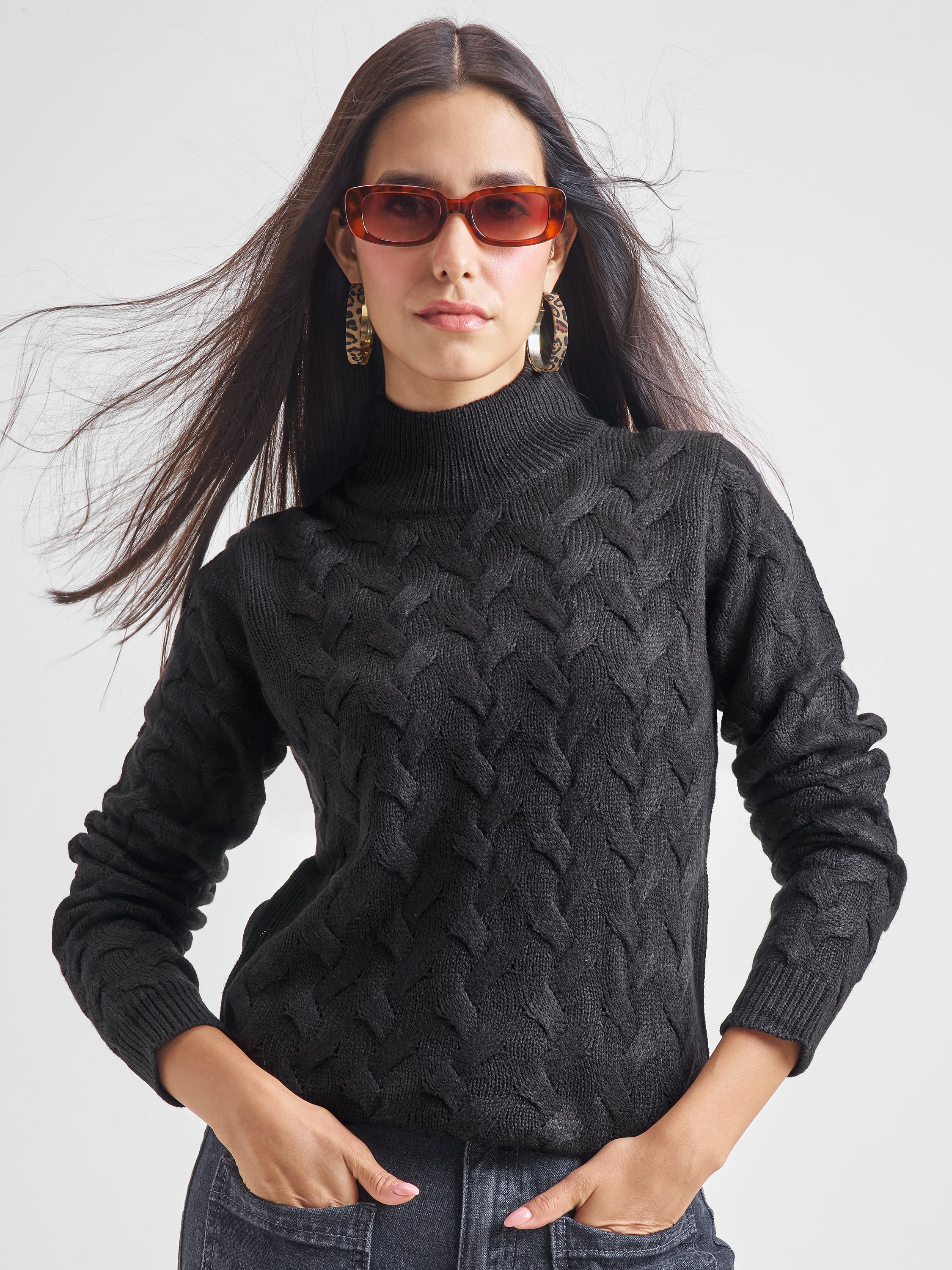 Tokyo Talkies Women Black High Neck Sweater - Black - Image 1