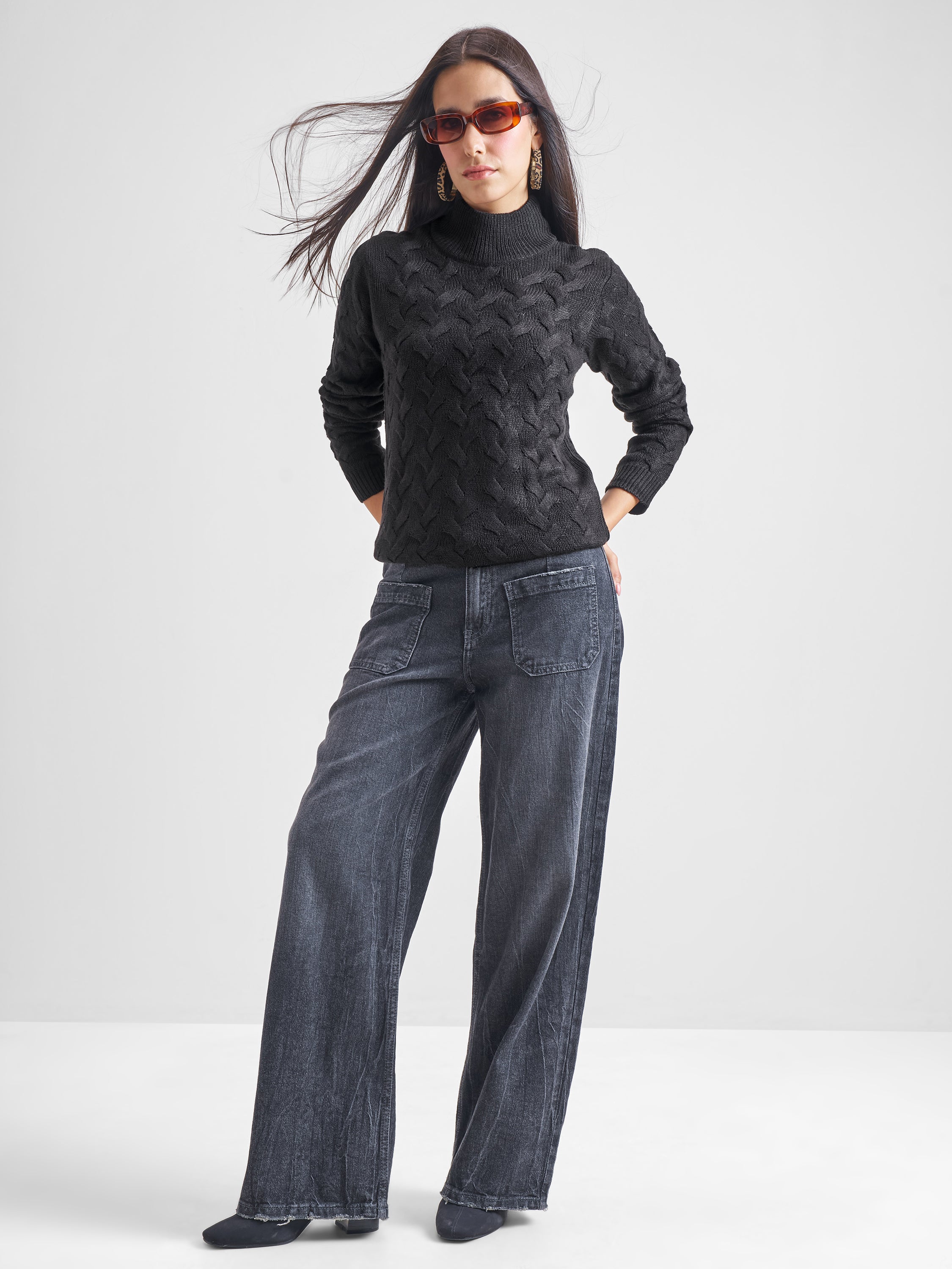 Tokyo Talkies Women Black High Neck Sweater - Black - Image 2