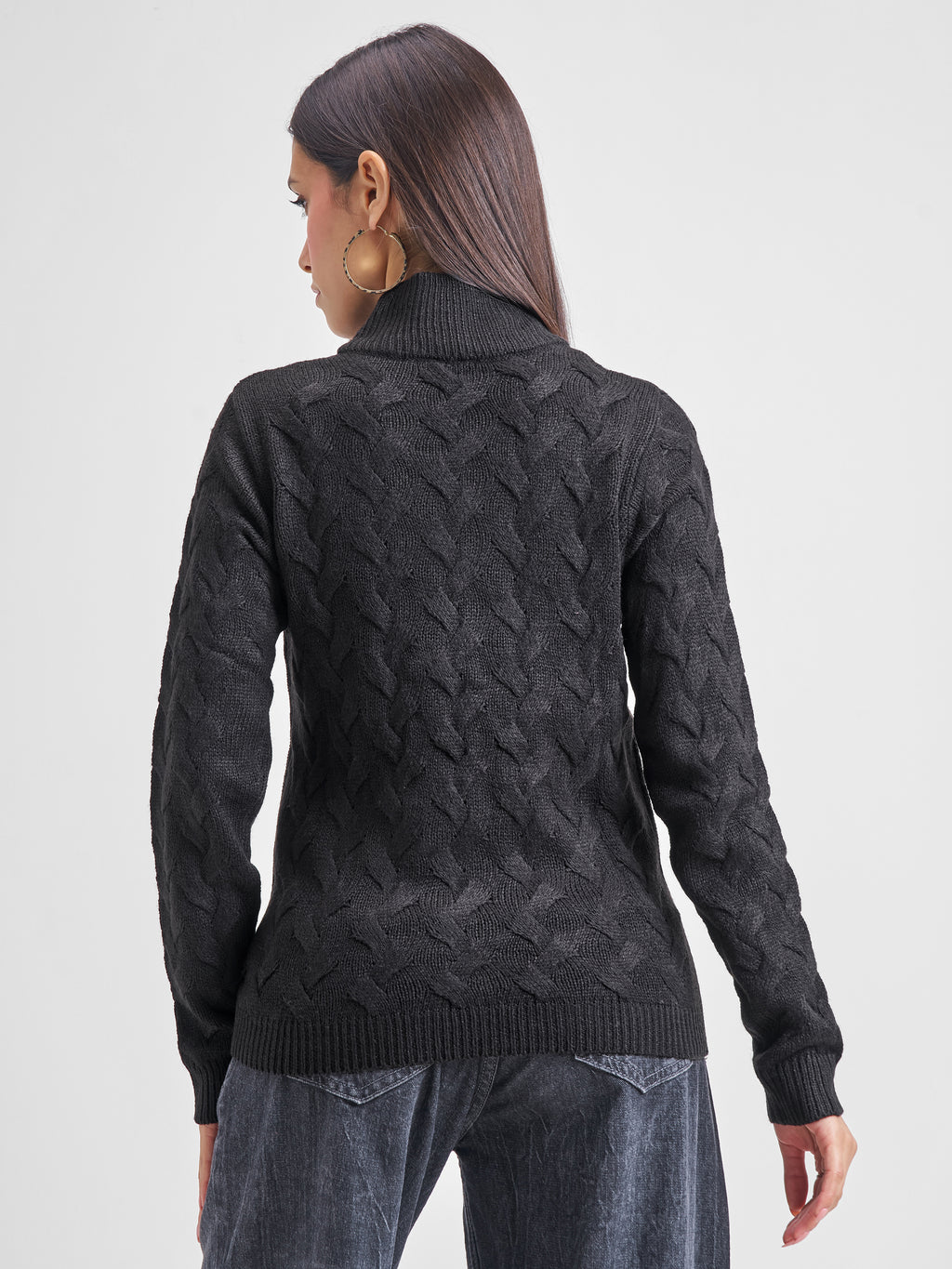 Tokyo Talkies Women Black High Neck Sweater - Black - Image 3