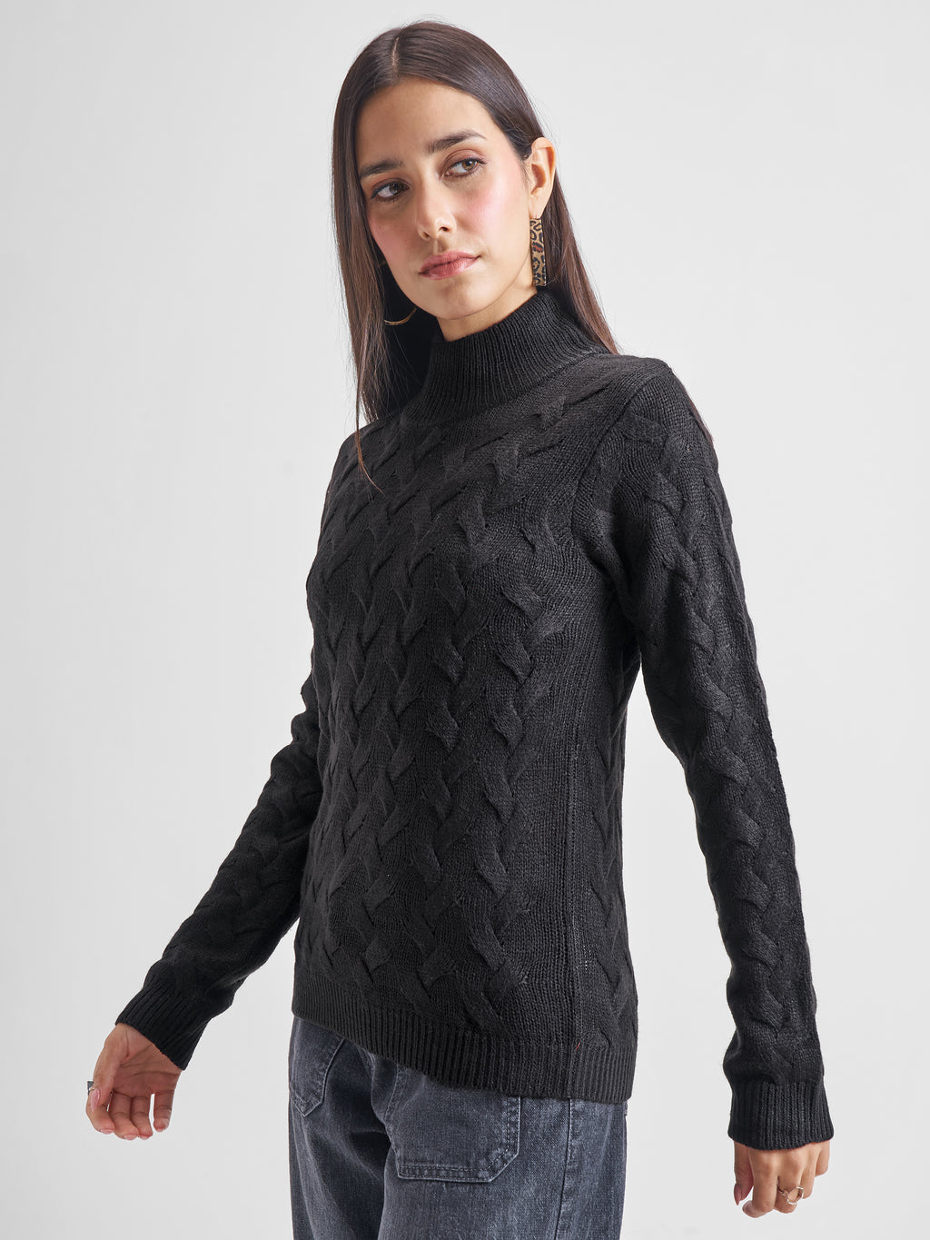 Tokyo Talkies Women Black High Neck Sweater - Black - Image 4