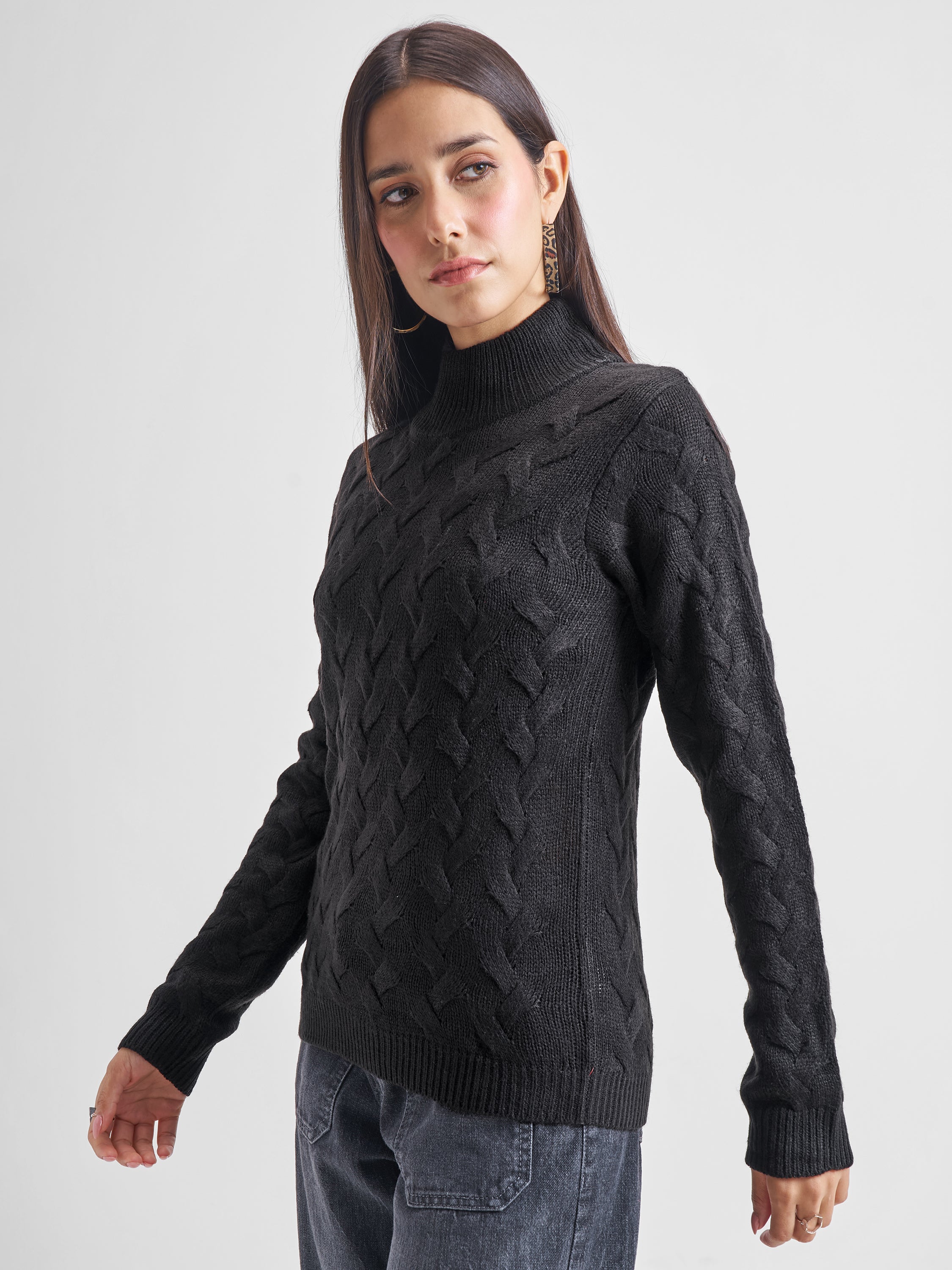Tokyo Talkies Women Black High Neck Sweater - Black - Image 4